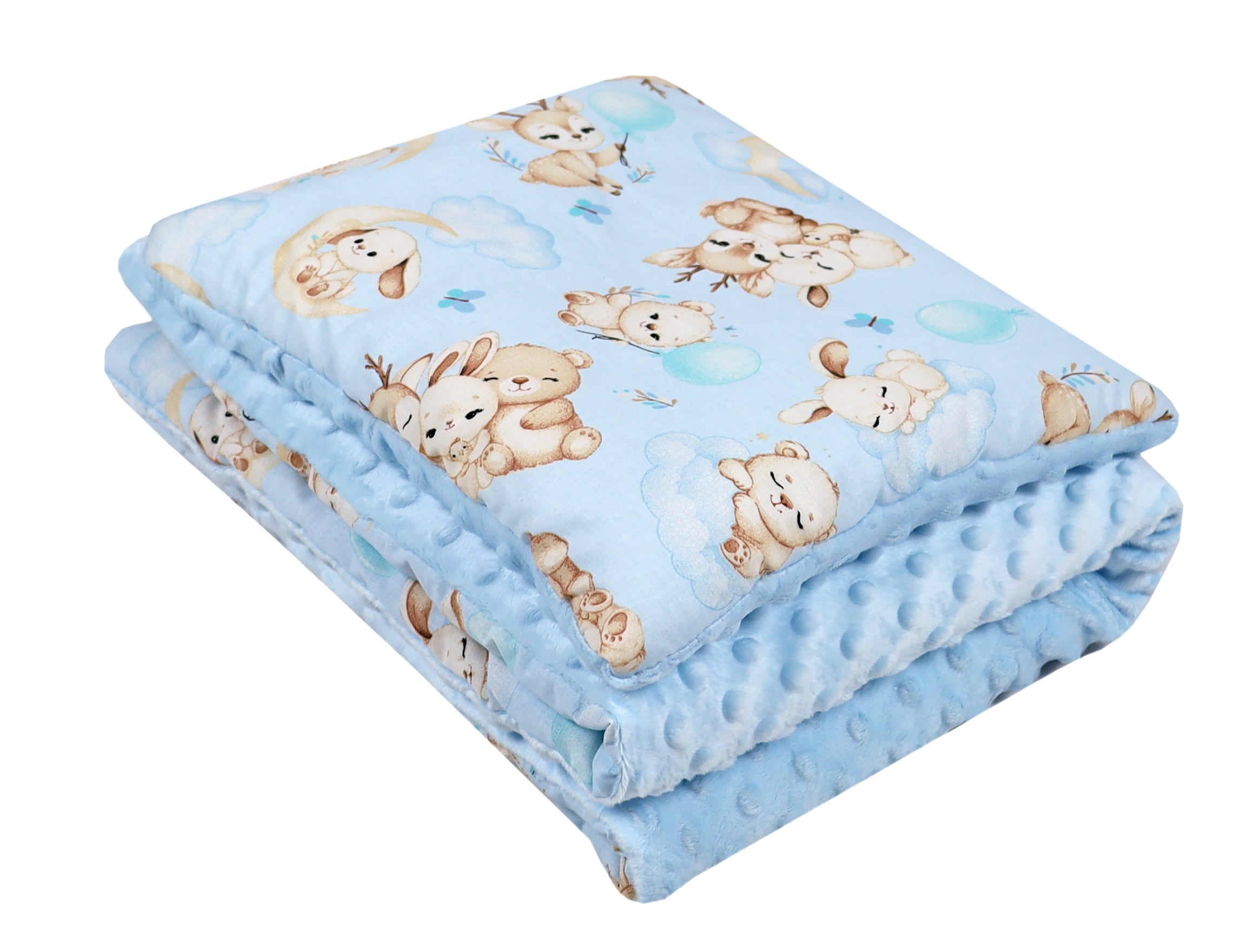 BABYLUX Babydecke Minky Plüsch 75x60 cm mit Kissen 35x30 cm – Weiche Baby Kuscheldecke für Kinderwagen, Neugeborene & Babyschale MP163 Blau + Schnuckis