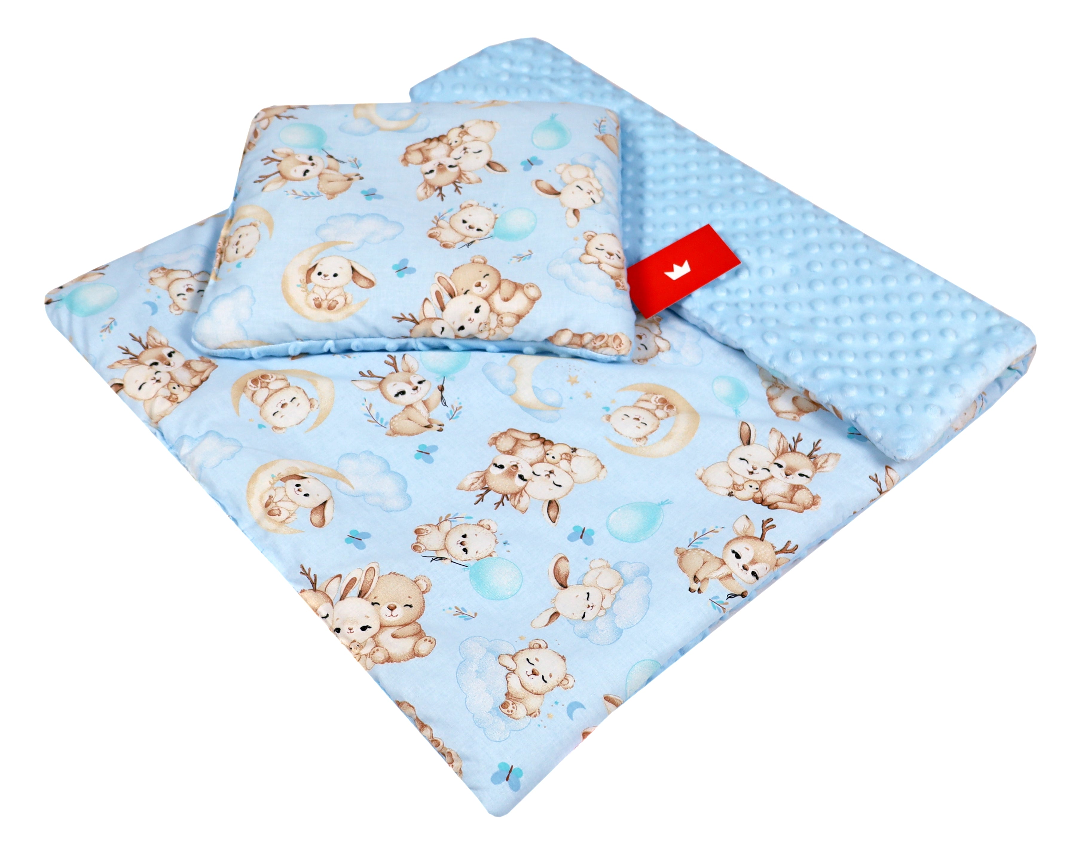 BABYLUX Babydecke Minky Plüsch 75x60 cm mit Kissen 35x30 cm – Weiche Baby Kuscheldecke für Kinderwagen, Neugeborene & Babyschale MP163 Blau + Schnuckis