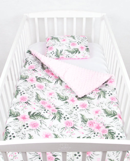 BABYLUX Babydecke Krabbeldecke MINKY Decke 75x100 cm mit Kissen 25K. Rosa + Wilde Blumen