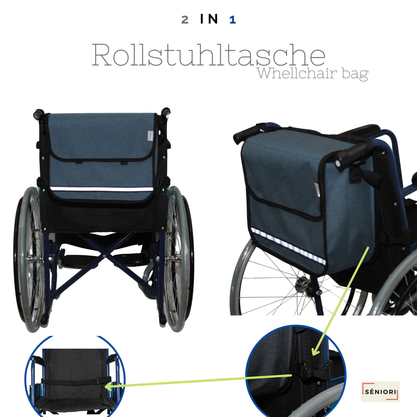 SENIORI Rollator / Rollstuhl Tasche Rollatortasche Rollstuhltasche 5F. Blau - Flex