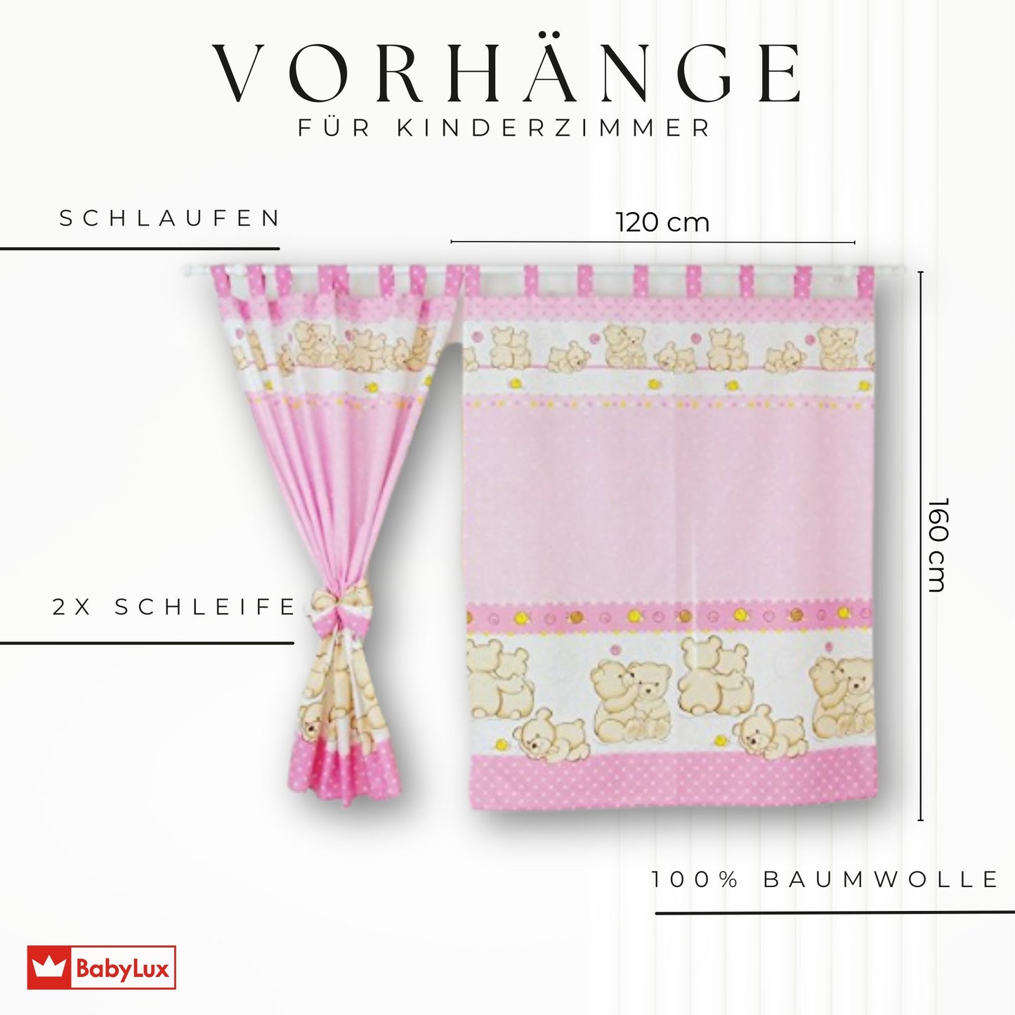 BABYLUX Kinderzimmer VORHÄNGE mit Schlaufen 64. Teddybären Rosa