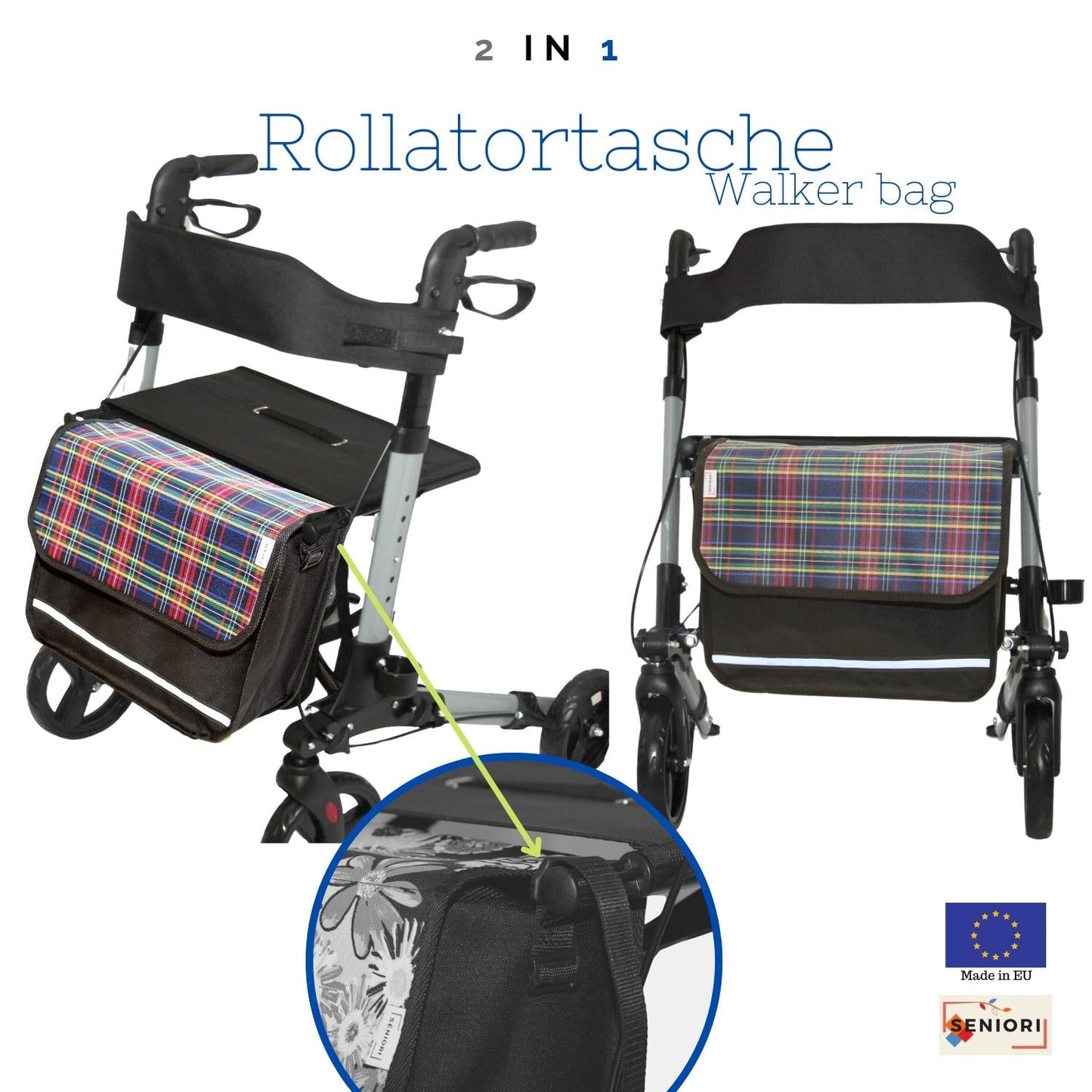 SENIORI Rollator / Rollstuhl Tasche Rollatortasche Rollstuhltasche 7F. Tartan_Flex