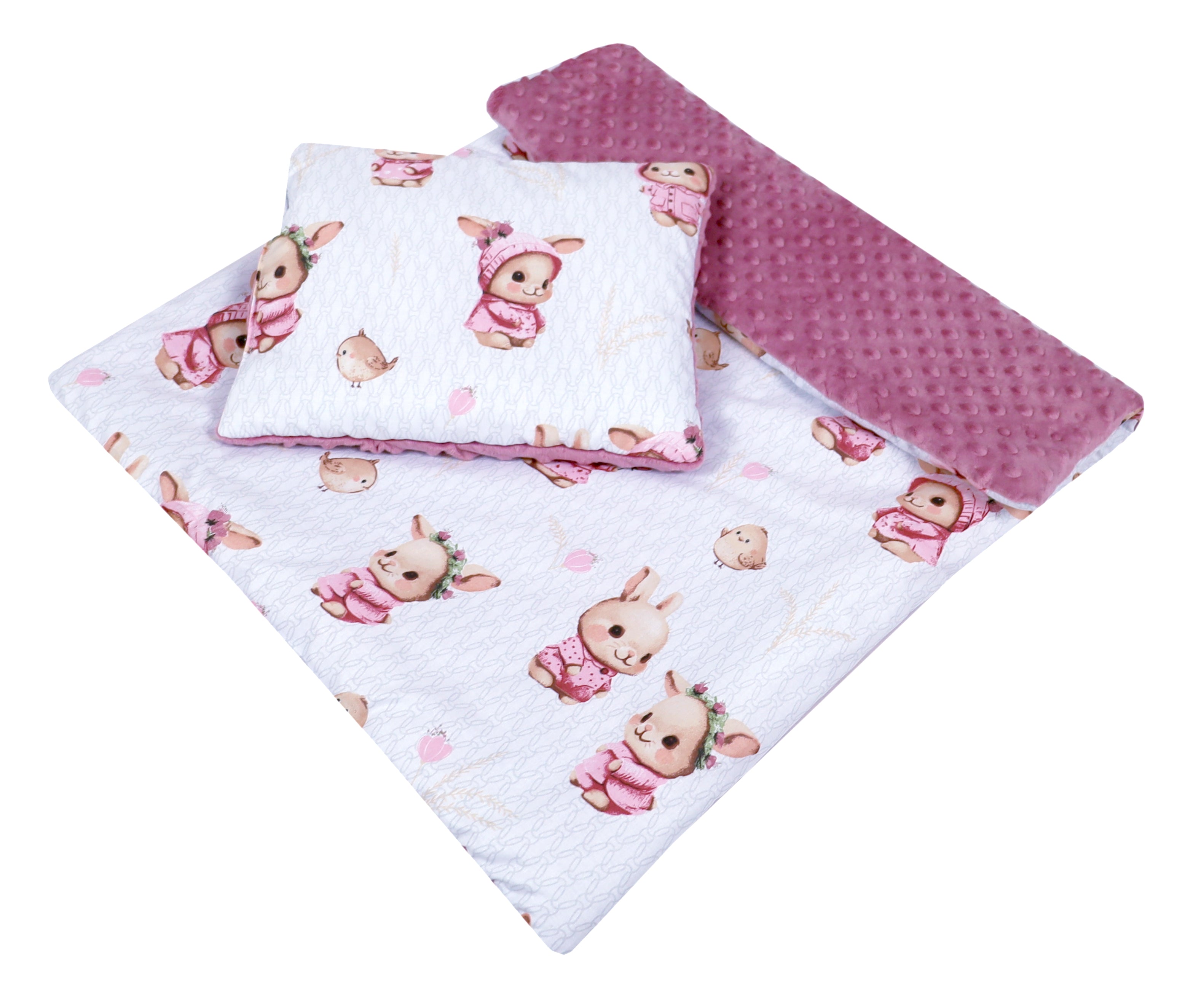 BABYLUX Babydecke Minky Plüsch 75x60 cm mit Kissen 35x30 cm – Weiche Baby Kuscheldecke für Kinderwagen, Neugeborene & Babyschale MP151B Rosa + Häschen