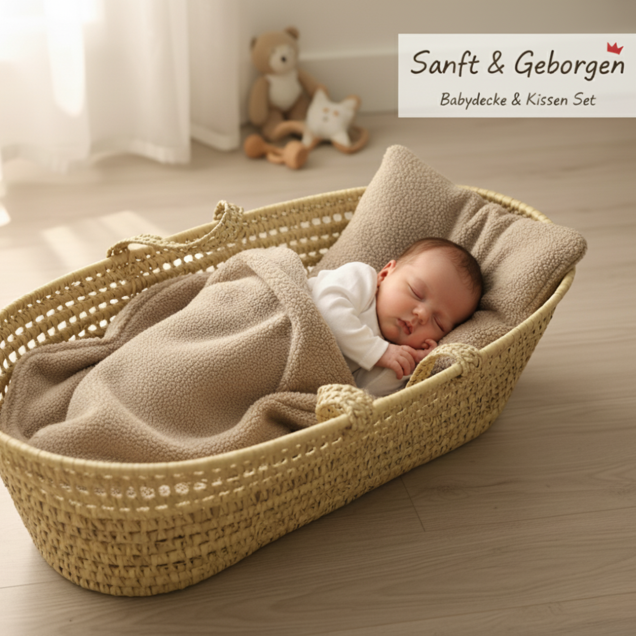 Babylux Kuscheldecke BOUCLÉ 60x75 cm + Kissen – Winter Babydecke für Kinderwagen & Bett – Weich, Warm BD - Beige
