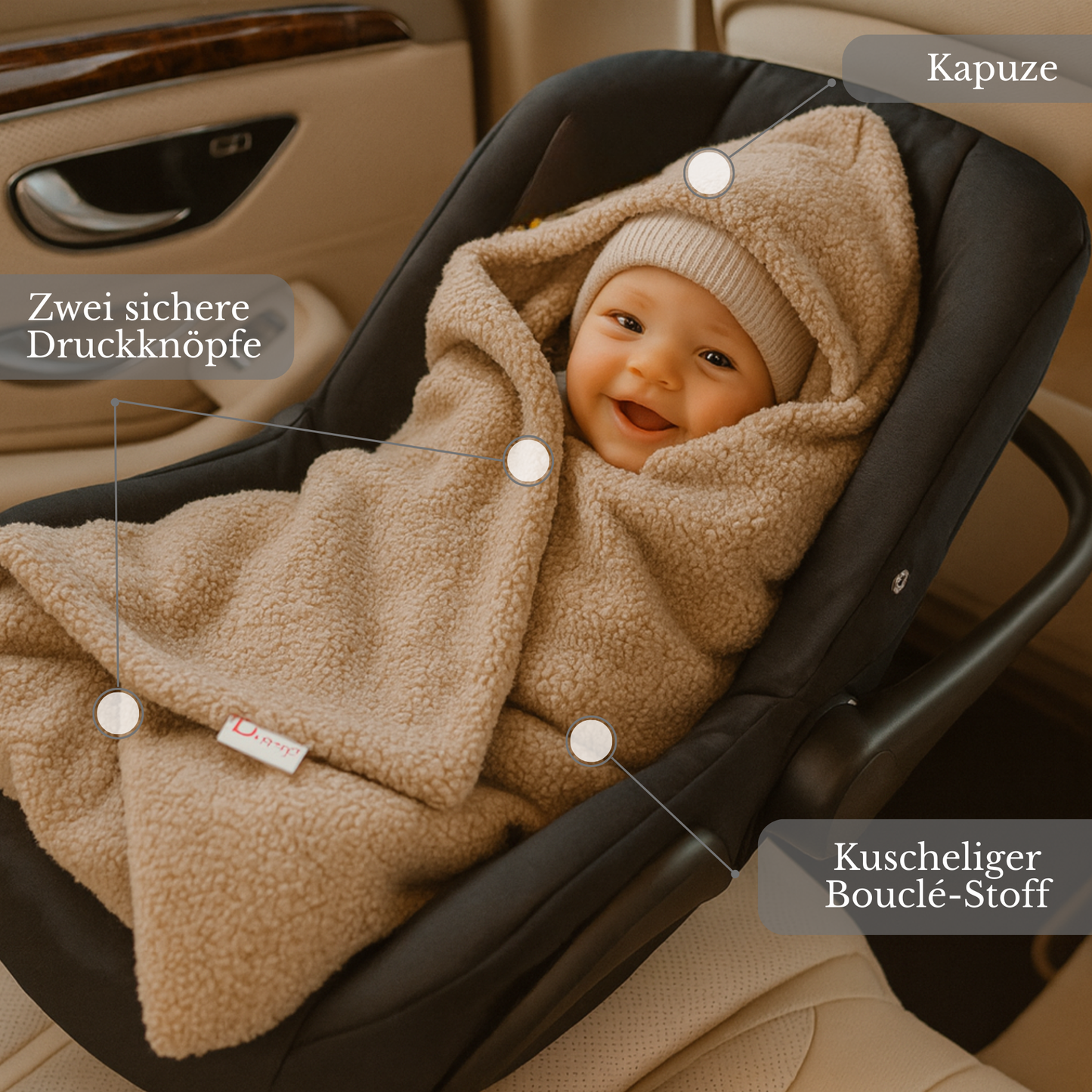 BabyLux Warme Einschlagdecke Bouclé 80x80 cm mit Kapuze für Babyschale Autositz