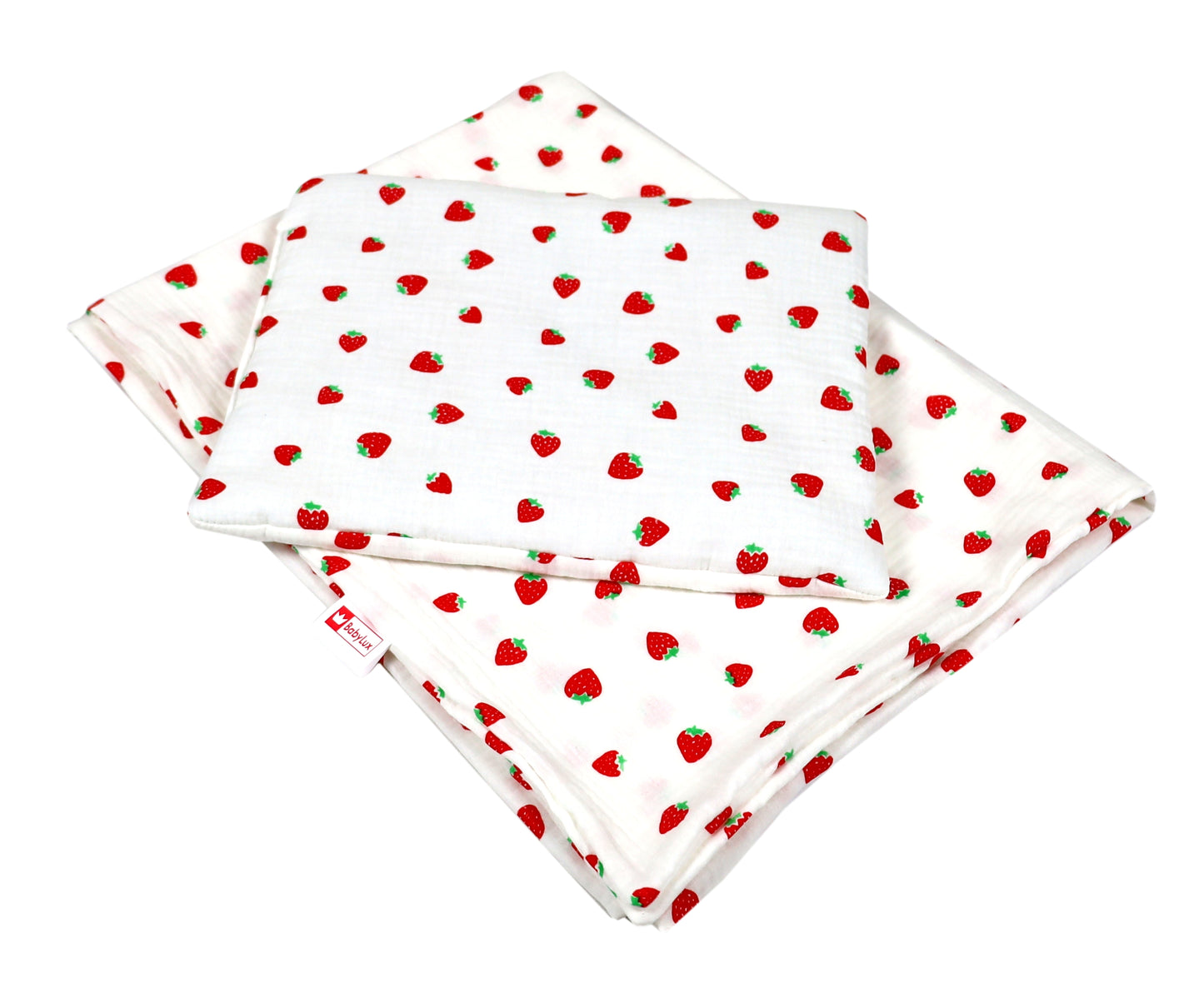 BabyLux Musselin Decke 75 x 100 cm + Kissen für Kinderwagen Wiege Babybett KD9 - Erdbeeren