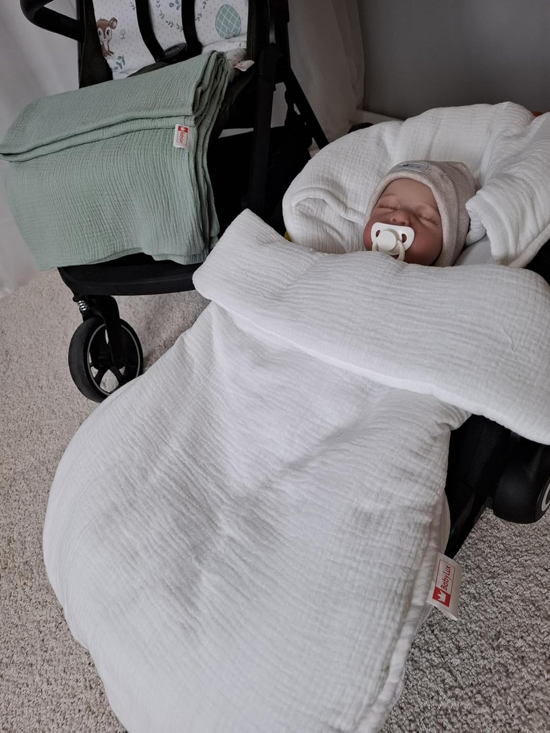 BabyLux Fußsack 90cm Musselin Babyschale Buggy Kinderwagen Musselin - Weiß