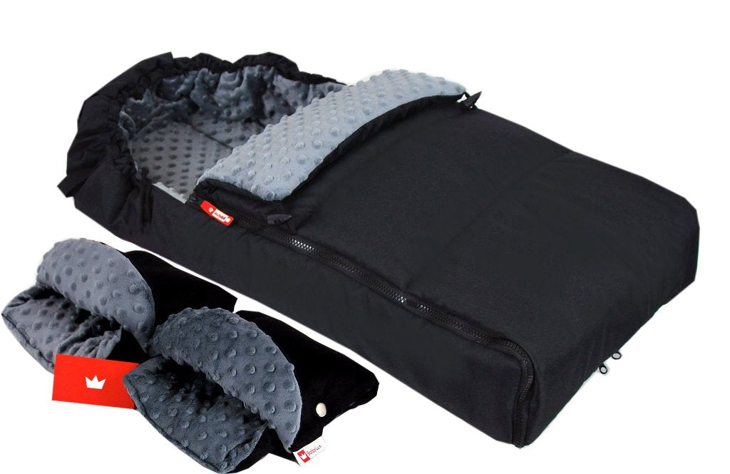 BABYLUX Fußsack 90cm MINKY Kinderwagen Buggy Schwarz + dunkel Grau + Handmuff