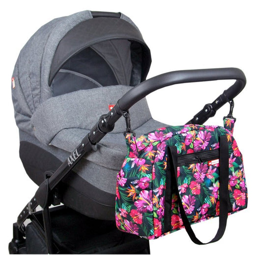 BabyLux Wickeltasche COLORFUL Kinderwagen Buggy Große 81. Schwarz + Hibiskus