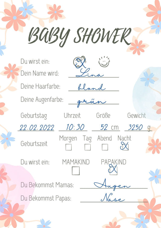 EMI&SAM Babyparty Wunschkarten Junge&Mädchen Baby Shower 20St Blumen Orange