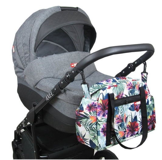 BabyLux Wickeltasche COLORFUL Kinderwagen Buggy Große 80. Grau + Hibiskus