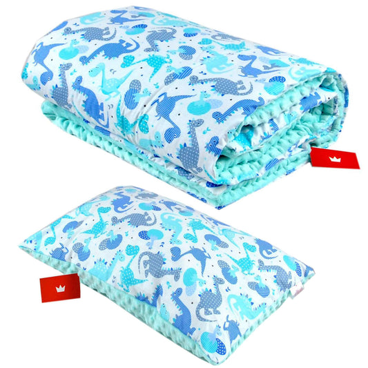 BABYLUX Kuscheldecke 100 x 150 cm Decke Kinderdecke 11. Minze + Dino mit Kissen