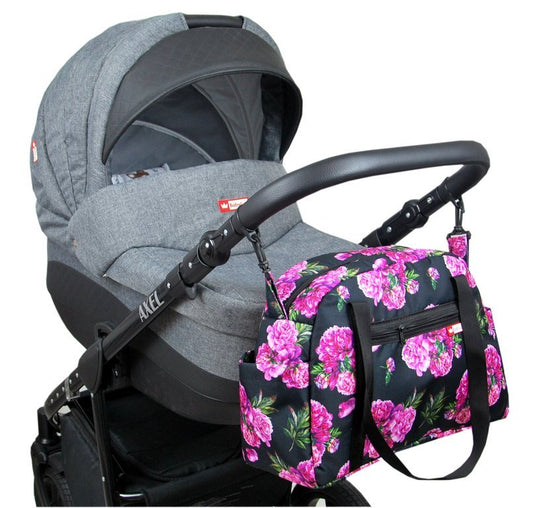 BabyLux Wickeltasche COLORFUL Kinderwagen Buggy Große 77. Schwarz + Päonien