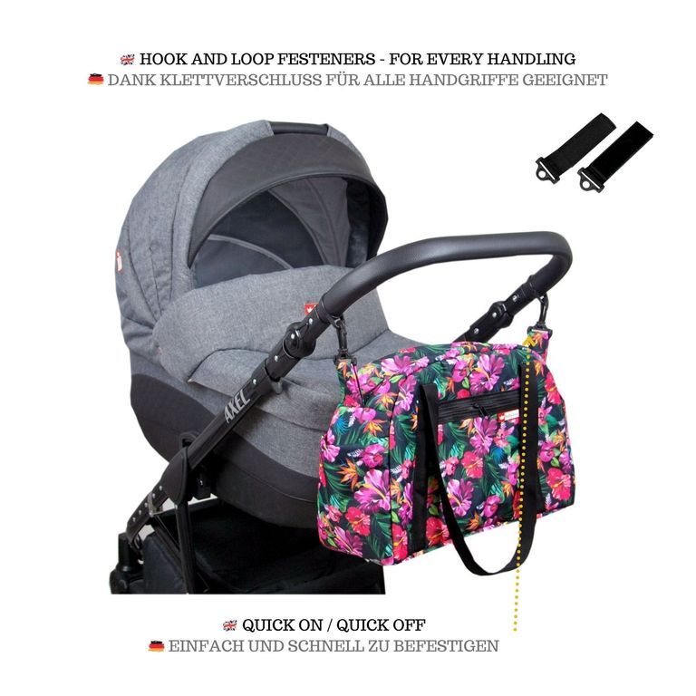 BabyLux Wickeltasche COLORFUL Kinderwagen Buggy Große 81. Schwarz + Hibiskus