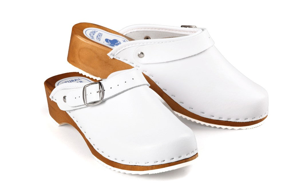 CLOGS Pantolette Sandalette Holz Leder Holzschuhe Holzclogs Damen Weiß 36