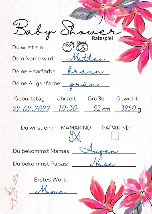 EMI&SAM Babyparty Wunschkarten Karten Junge&Mädchen Baby Shower 20St Blumen Rosa